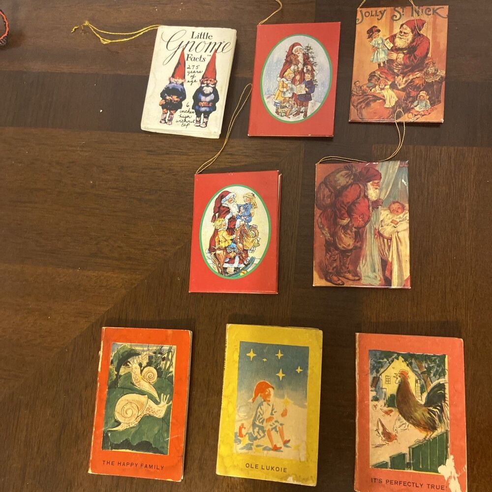 7 Vtg Miniature Christmas Ornament Books and Gnome Fairy Tales Kurt Adler Style